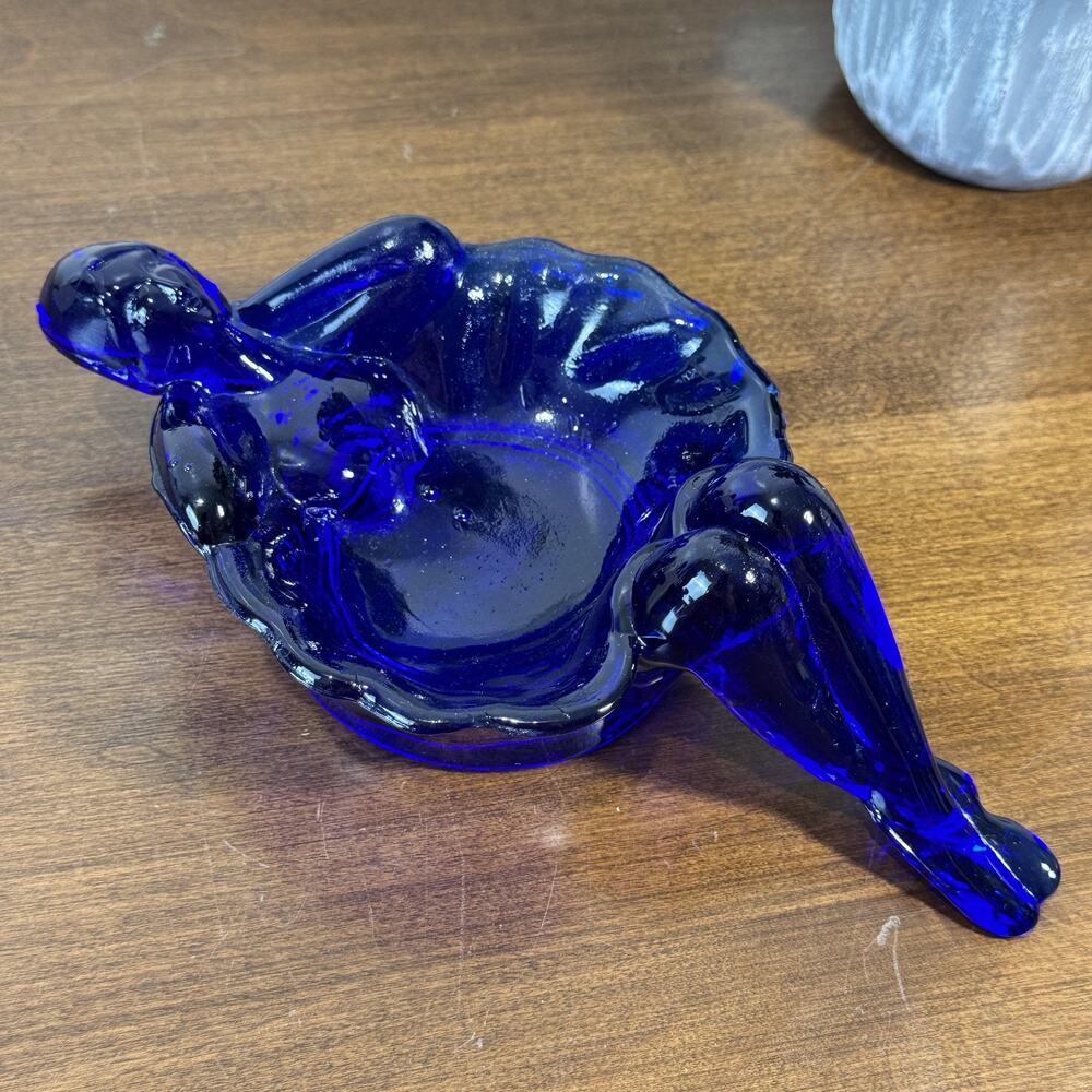 Vintage Cobalt Blue Glass Figural Soap Dish Trinket Bowl Reclining Woman Mosser